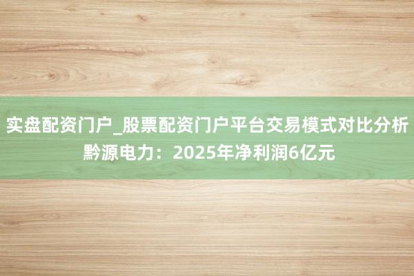 实盘配资门户_股票配资门户平台交易模式对比分析 黔源电力：2025年净利润6亿元